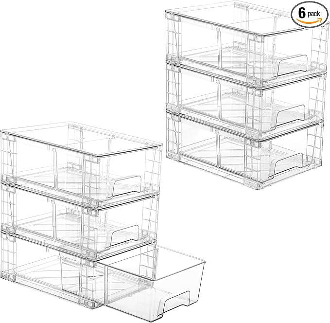 Vtopmart 6 Pack Stackable Storage Drawers,Clear Acrylic Drawer Organizers with Handles, Easily Assemble Containers for Fridge, Bathroom,Kitchen Undersink,Cabinet,Pantry Organization and Storage