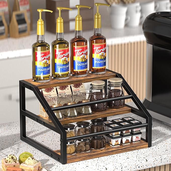 Coffee Syrup Rack Organizer, Spice Racks, Syrup Bottle Holder Stand for Coffee Bar, 3-Tier 12 Bottles Storage Shelves for Syrup, Wine, Dressing for Kitchen Countertop, Rustic Brown