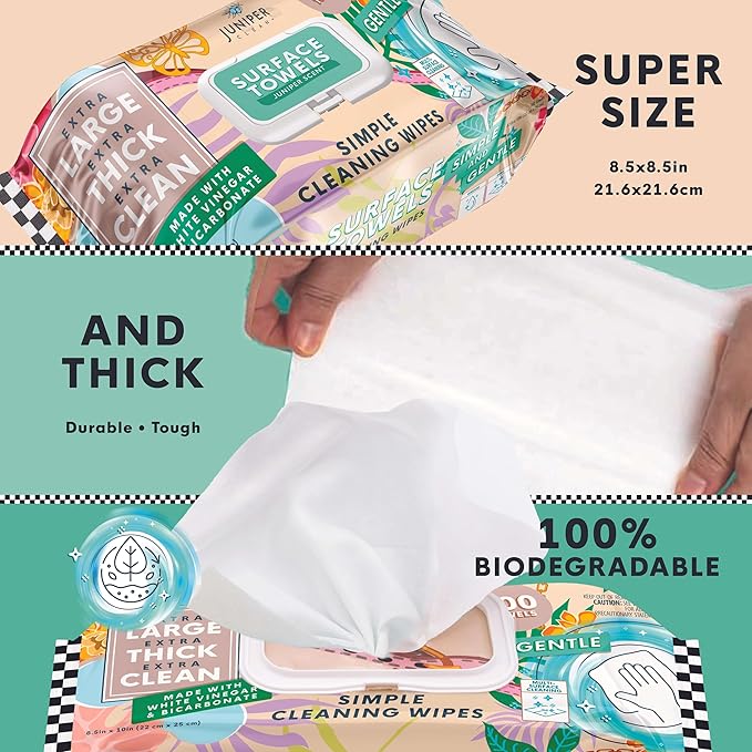 3 Packs Surface Cleaning Wipes Bleach Free, Thick & Large Dispose, All-Purpose Cleaner for Bathroom, Kitchen, Office, 300 Count Soft Flow, Biodegradable, Juniper Scent