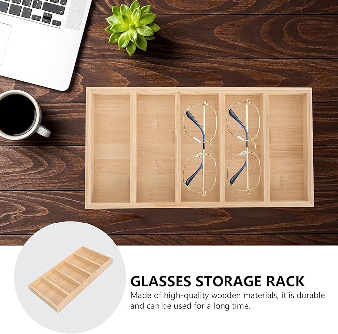 Ciieeo Wooden Sunglasses Tray and Glasses Organizer Eyewear Display Rack for Home and Shop, Multi-Grid Glasses Holder with 5pcs Set for Tabletop Storage