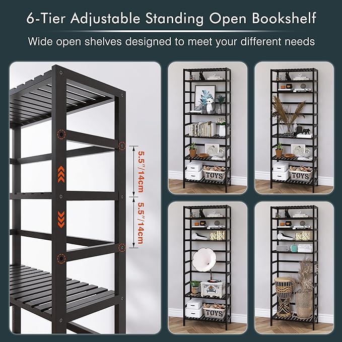 HITNET Bamboo Bookshelf, 6-Tier Tall Open Bookcase with Adjustable Shelves, Floor Standing Storage Shelf Unit for Living Room Bathroom Home Office, Black