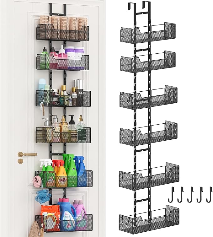 Over The Door Organizer, Metal Hanging Door Organizer with 6 Adjustable Baskets and 5 Hooks, Behind The Door Storage for Closet Cabinet Kitchen Bathroom Bedroom Pantry Organizer, Black
