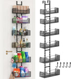 Over The Door Organizer, Metal Hanging Door Organizer with 6 Adjustable Baskets and 5 Hooks, Behind The Door Storage for Closet Cabinet Kitchen Bathroom Bedroom Pantry Organizer, Black