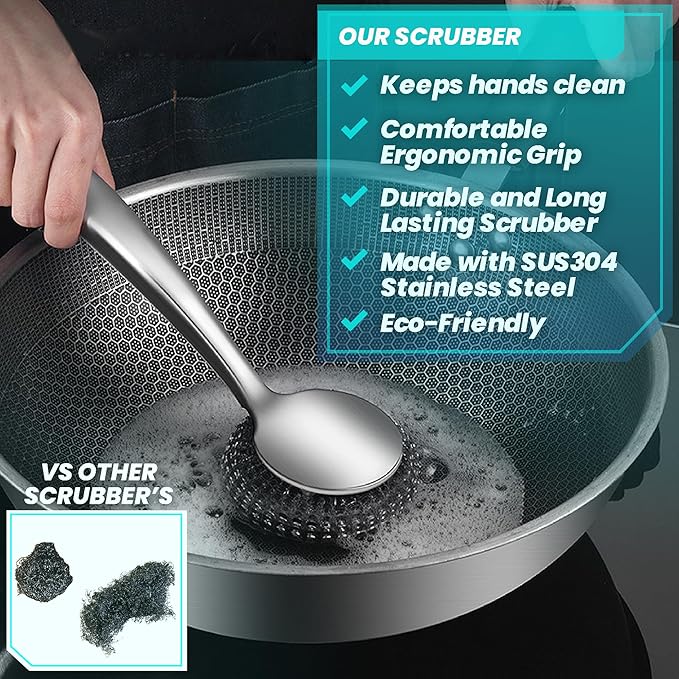 Steel Wool Scrubber Dish Brush Set with Handle, Deep Cleaning Scrubber Set, Silver