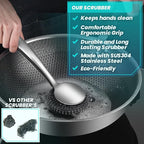 Steel Wool Scrubber Dish Brush Set with Handle, Deep Cleaning Scrubber Set, Silver
