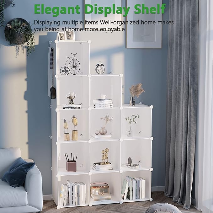 C&AHOME Cube Storage Organizer, 12-Cube Shelves Units, Closet Cabinet, DIY Plastic Modular Book Shelf, Ideal for Bedroom, Living Room, Office, 36.6" L x 12.4" W x 48.4" H Milky UPCS12M