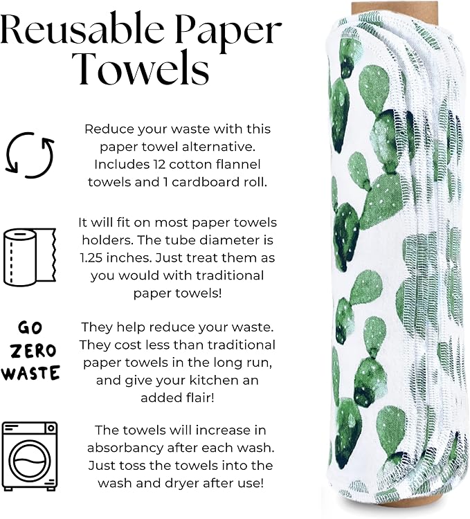 The Useless Brand Reusable Paper Towels Roll | 12 Eco Friendly Washable Cotton Flannel Towels w/Cardboard Roll | Zero Waste & Sustainable | Fits on All Holders (Cactus, 12 Towels)