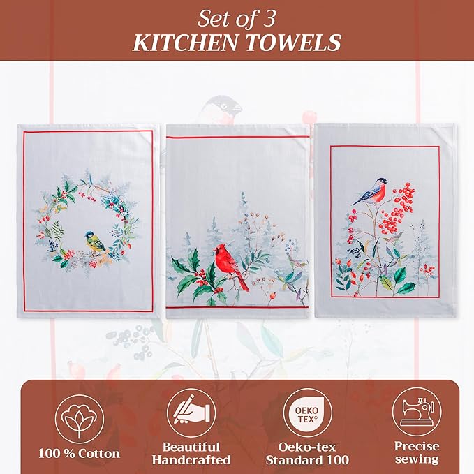 Maison d' Hermine Kitchen Towels Set of 3 100% Cotton 27.50" x 20" Reusable Cloth Tea Dish Towels Absorbent with Hanging Loop for Kitchen, Home, Dining, Cocktail Parties (Morzine)
