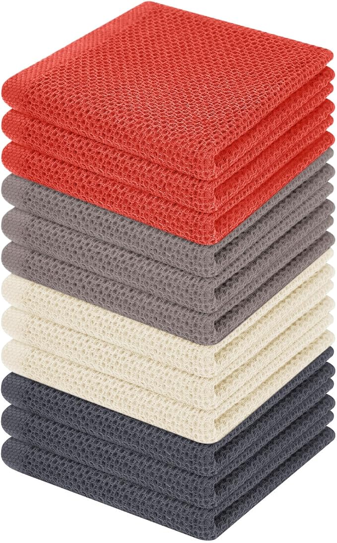Homaxy 100% Cotton Waffle Weave Kitchen Dish Cloths, Ultra Soft Absorbent Quick Drying Dish Towels, 12 x 12 Inches, 12-Pack, Multicolor
