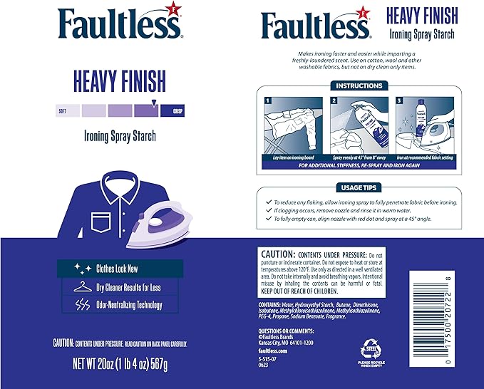 Laundry Starch Spray, Faultless Heavy Spray Starch 20 oz Cans for a Smooth Iron Glide on Clothes & Fabric Even Spray, Easy Iron Glide, No Reside (Pack of 4)