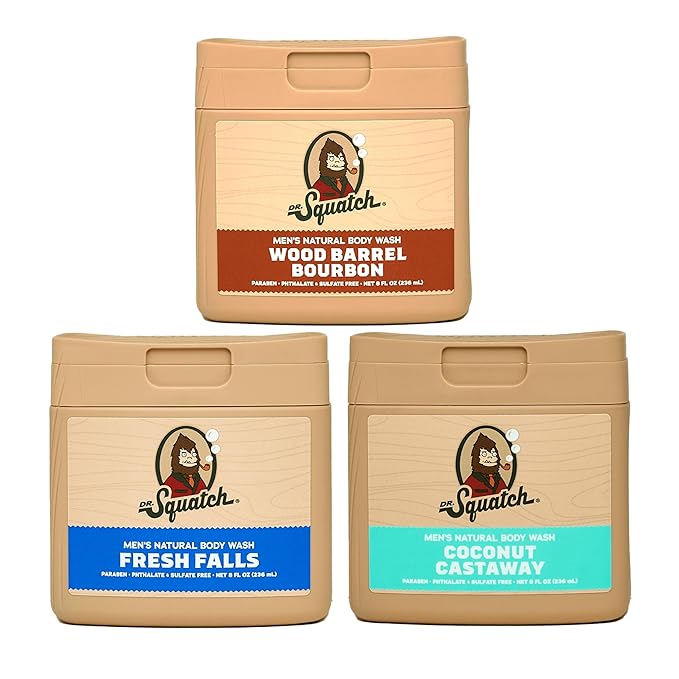 Dr. Squatch NEW Body Wash for Men with Nourishing, Natural Ingredients | No Paraben, Phthalate, Sulfate | All Day Moisturization | Wood Barrel Bourbon, Fresh Falls & Coconut Castaway (8 oz, 3-Pack)