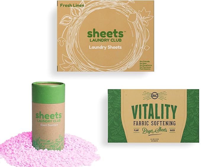 Sheets Laundry Club Bundle - 50 Pack (up to 100 loads) Fresh Linen Detergent Sheets, 40 Pack Vitality Dryer Sheets & 8 Oz. Uncharted Waters Scent Booster - New Liquidless Technology