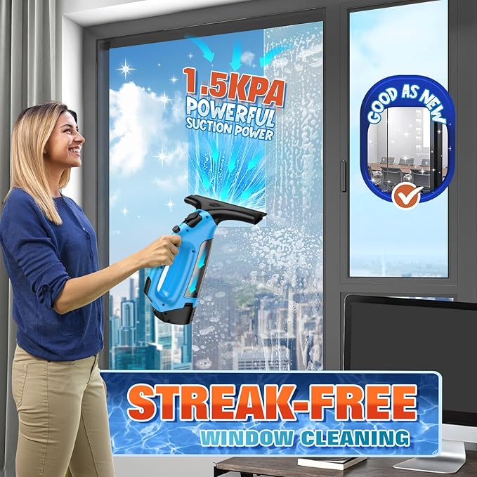 3 in 1 Rechargeable Window Vacuum Squeegee Cordless with 10 inch Blade, Window Cleaner for Efficiently Spraying, Wiping and Vacuuming Windows, Mirrors, Shower Glass, Tiles and Countertops, Blue