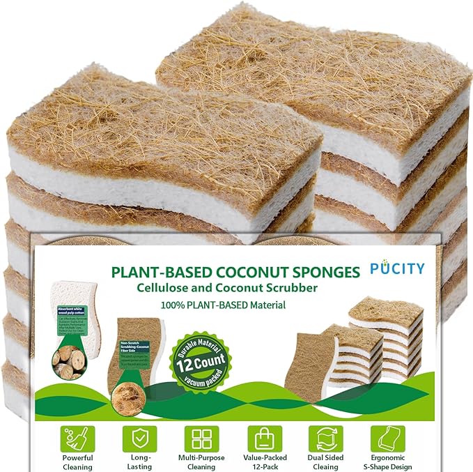Sponges Kitchen Natural Dish Sponge Plant-Based Biodegradable Compostable Cellulose with Coconut Scrubber Sponge Non Scratch Pack of 12 Eco Friendly Kitchen sponges for Kitchen Dishes