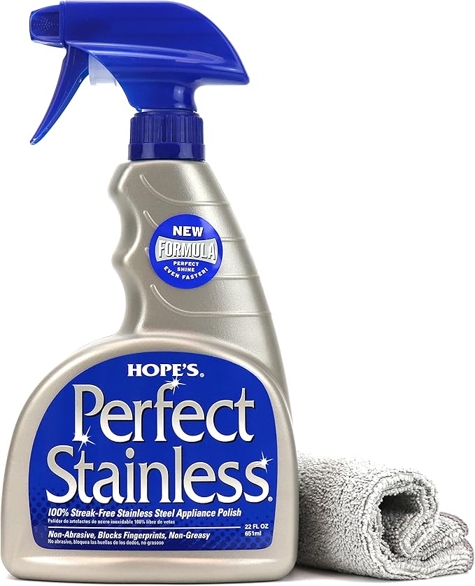 HOPE'S Perfect Stainless Steel Cleaner and Polish with Microfiber Cloth, 22-Ounce, Streak-Free Self-Polishing Formula, Blocks Fingerprints, 1 Pack with Microfiber Cloth