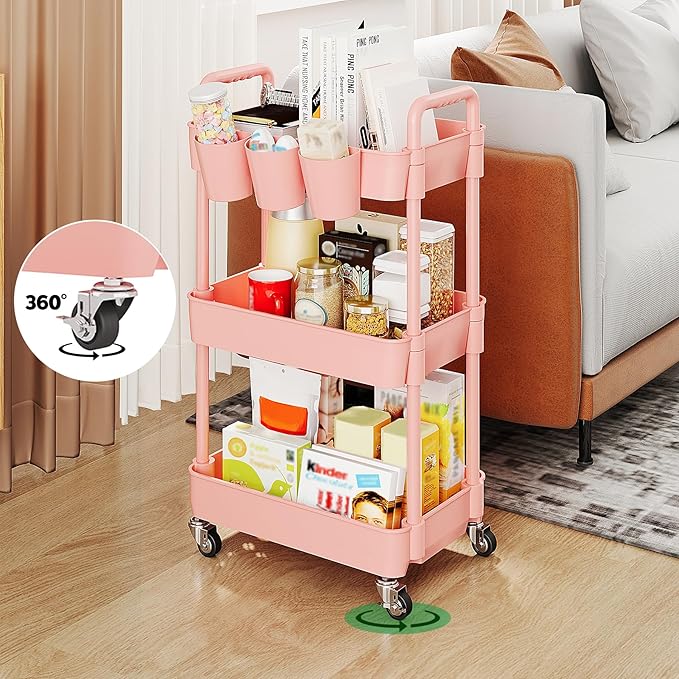 UDEAR 3-Tier Rolling Utility Cart,Multifunctional Storage Shelves with Handle and Lockable Wheels for Room,Office,Kitchen,Bathroom,with 3 Hanging Cups,Pink