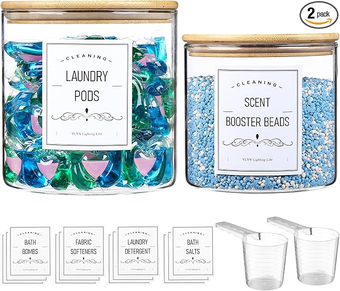 2 Pack Laundry Room Organization Glass Jars- Laundry Pods Container With Airtight Bamboo Lid- Dishwasher Pods Container. Laundry Jars For Detergent Powder, Dryer Balls,Scent Boosters(0.5+0.8Gallon)