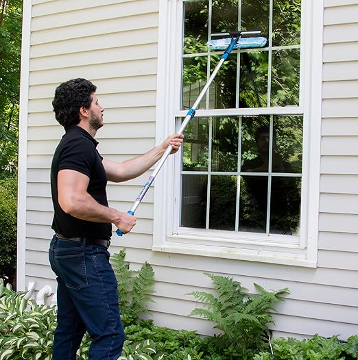 Unger Professional 2-in-1 Squeegee and Scrubber, 14” Window Cleaning Tool and 8’ Connect & Clean Pole, Essential Glass Supplies for Commercial and Residential Use, Microfiber Sleeve