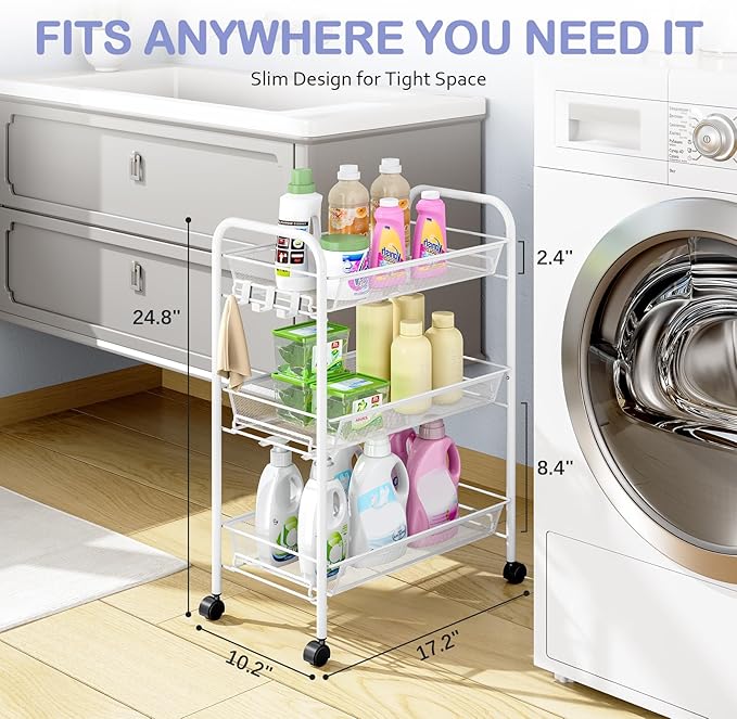 TOOLF 3-Tier Metal Rolling Cart, Mesh Wire Easy Assemble Utility Cart, Storage Trolley on Wheels with 3 Hooks, MetalStorage Shelving Units for Kitchen Bathroom Laundry Room