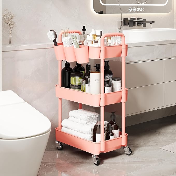 UDEAR 3-Tier Rolling Utility Cart,Multifunctional Storage Shelves with Handle and Lockable Wheels for Room,Office,Kitchen,Bathroom,with 3 Hanging Cups,Pink