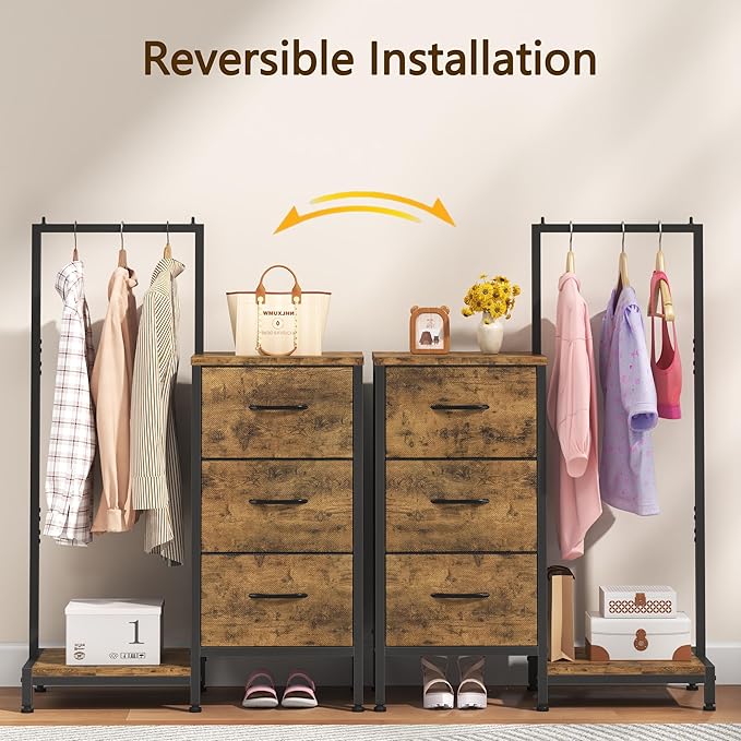 Dresser for Bedroom with Hanging Rack, 3 Drawers Dresser for Bedroom - Rustic Brown