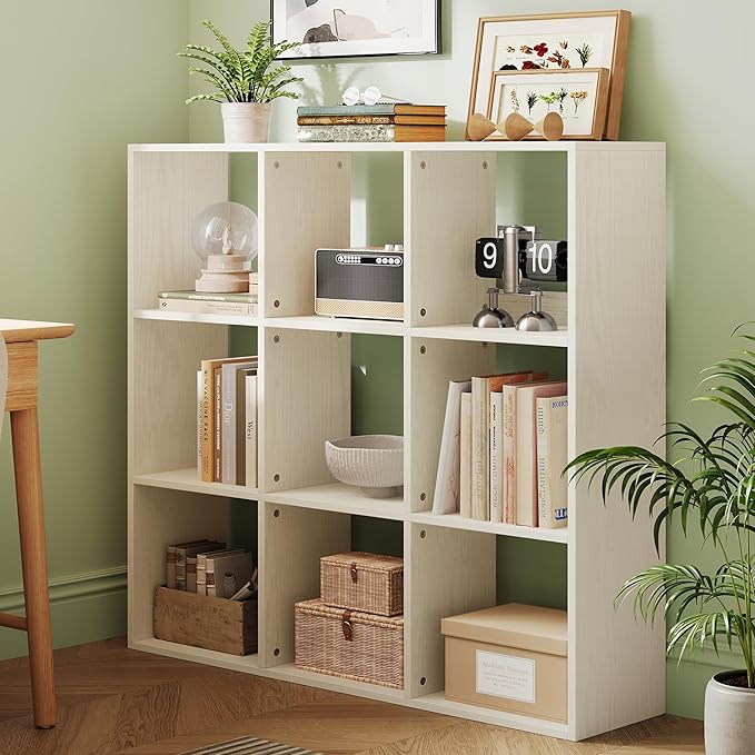 LINSY HOME Cube Storage Shelf, 3 Shelf Display Bookshelf with Storage, Open Freestanding 9 Cube Bookcase Small, White Wooden Bookshelf for Home Office, Bedroom, White Oak