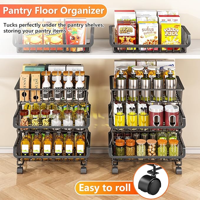 3-Tier Rolling Pantry Organizers and Storage Cart with Wheels – Stackable Wire Snack Cart for Kitchen, Pantry Shelves and Storage Rack for Fruit, Vegetables, Onion, Potato
