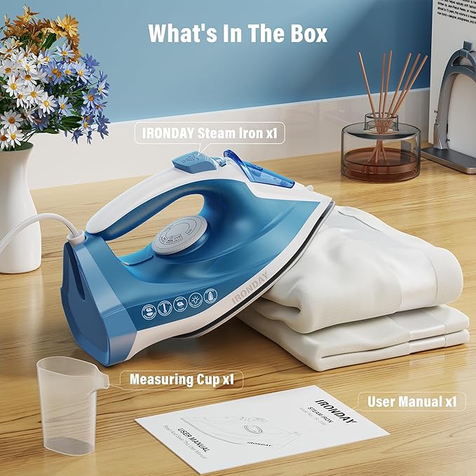 Steam Iron for Clothes Fast Heating, 1200W Iron with Non-Stick Ceramic Soleplate, Self-Cleaning, Burst of Steam, Spray Mist, 7.03oz Water Tank Ironing Clothes for Home, Blue