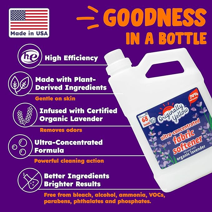 Originally Yellow Plant Based Fabric Softener | Ultra-Concentrated Laundry Softener Infused with Organic Lavender | High-Efficiency Plant Liquid Fabric Softener Helps Remove Static & Wrinkles | 34 Oz