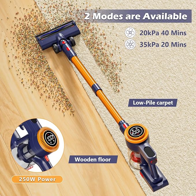 Cordless Vacuum Cleaner,35kPa Strong Suction,2200mAh Removable Battery,6 in 1 Lightweight Handheld Stick Vacuum, Anti-Tangle, for Carpets,Hard Floors,Pet Hair, Orange Gray