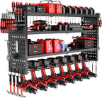 Power Tool Organizer Wall Mount, 4 Layer Heavy Duty Garage organizer Loads 280lbs, Tool Organizers with 8 Drill Hanger, Battery Tools Holder Garage Storage Organization for Workbench, Pegboard, Shed