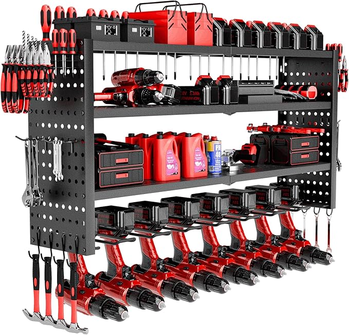 Power Tool Organizer Wall Mount, 4 Layer Heavy Duty Garage organizer Loads 280lbs, Tool Organizers with 8 Drill Hanger, Battery Tools Holder Garage Storage Organization for Workbench, Pegboard, Shed