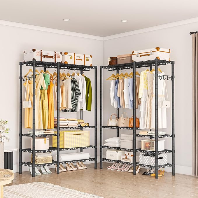 Heavy Duty Garment Rack, Metal Freestanding Closet Wardrobe Clothes Racks for Hanging Clothes, 4 Tiers Adjustable Wire Shelving, 44.9'' L x 16.5'' W x 76.8 '' H, Max Load 850LBS, Black