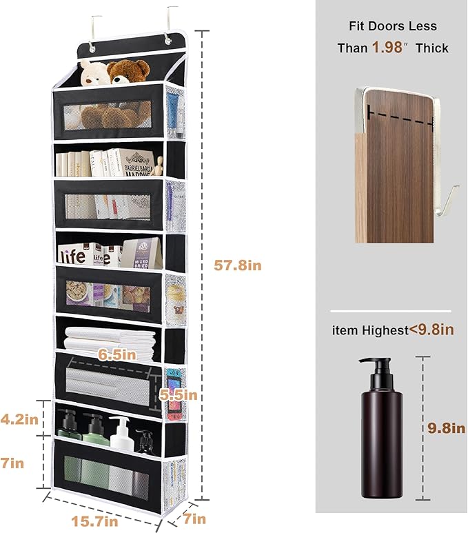 Over the Door Organizer Storage, 5 Shelf Storage with Large Pockets, Anti Tilt 44 lbs Heavy Duty Behind Door Organizer with Clear Window for Bedroom, Pantry, Bathroom, Nursery(Black)