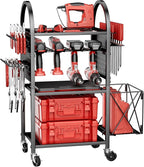 Power Tool Organizer with Wheels 4 Tier Tool Cart Loads 500 LBS with 8 Cordless Drill Holder & Screwdriver Rack Metal Utility Rack for Home, Garage, Workshop, Gifts for Men, Regular with Basket
