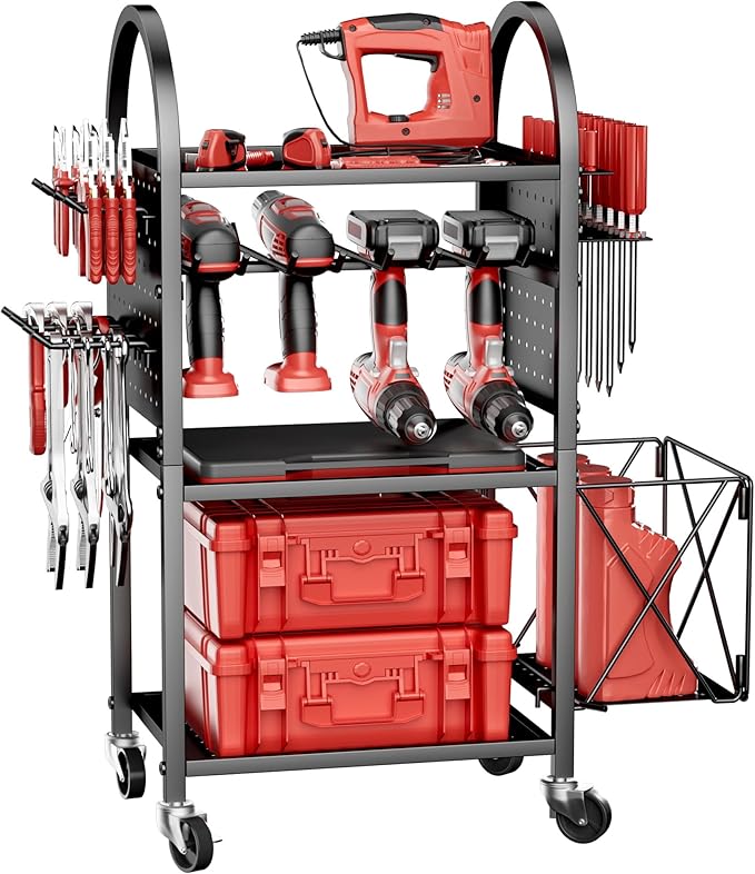 Power Tool Organizer with Wheels 4 Tier Tool Cart Loads 500 LBS with 8 Cordless Drill Holder & Screwdriver Rack Metal Utility Rack for Home, Garage, Workshop, Gifts for Men, Regular with Basket