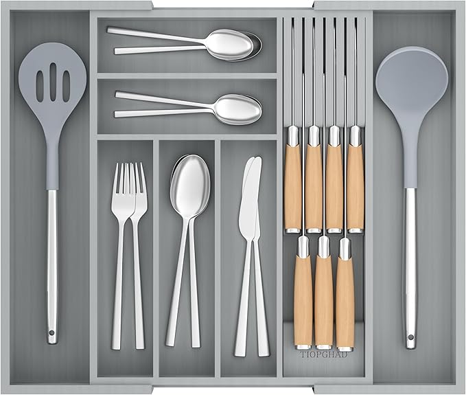 Bamboo-Silverware-Drawer-Organizer-Kitchen, Expandable Utensil Holder Cutlery Tray Flatware Organization Adjustable Wood Tableware Dividers Storage (with Removable Knife Block)(Grey)