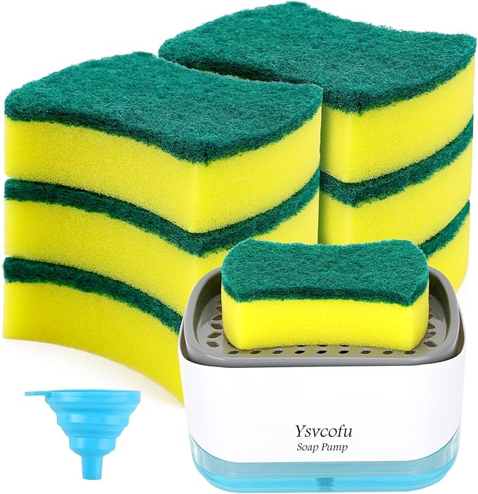 Dish Soap Dispenser with 6 Kitchen Sponges for Kitchen Sink,1 Foldable Silicone Funnel,1 Dishwashing Liquid Dispenser for Kitchen -2-in-1 Soap Dispenser with Sponge Holder