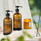 Glass Kitchen Soap Dispenser Set with Ceramic Tray,16.9 floz Hand and Dish Soap Dispenser for Kitchen and Bathroom Decor,Amber Kitchen Accessories(Amber Bottles + Black Pumps)