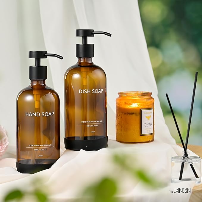 Glass Kitchen Soap Dispenser Set with Ceramic Tray,16.9 floz Hand and Dish Soap Dispenser for Kitchen and Bathroom Decor,Amber Kitchen Accessories(Amber Bottles + Black Pumps)