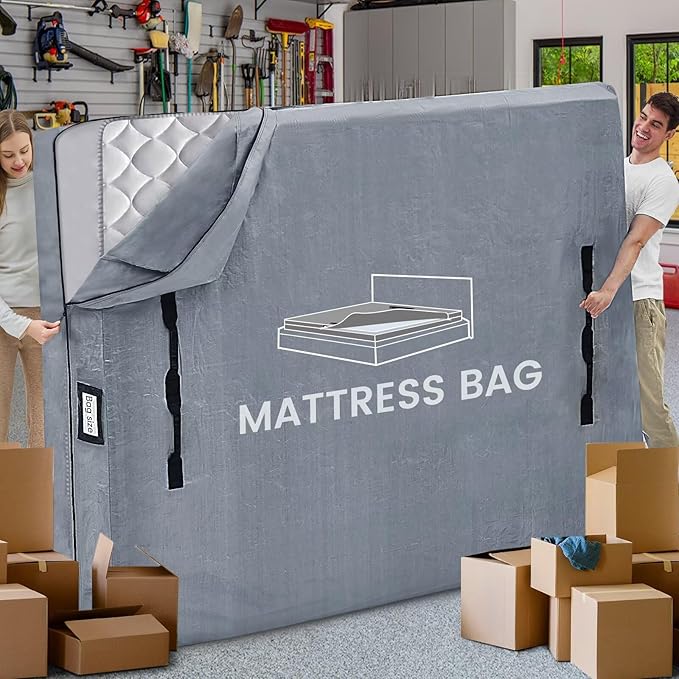 Mattress Bags for Moving and Storage, BETU Waterproof Mattress Protector Mattress Cover California King with 8 Heavy Duty Handles & Zipper Extra Thick Moving Supplies for Bed (86x75x13.5 Grey)