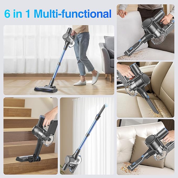 Zefiro Cordless Vacuum Cleaner for Home,450W /40Kpa Stick Vacuum with 50Mins Working Time, Anti-Tangle 1.5L Dust Cup, Rechargeable Wireless Handheld Vacuum for Pet Hair/Carpet/Floor,C10 (Gray)