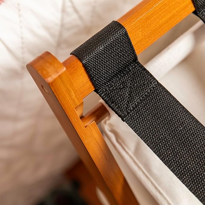 Fully Assembled 26.75" Folding Bamboo Luggage Rack Holder with Removable Laundry Bag & Storage Shelf – Heavy Duty, Space Saving Foldable Suitcase Stand for Guest Rooms, Bedrooms & Hotels - Holds 165 lbs