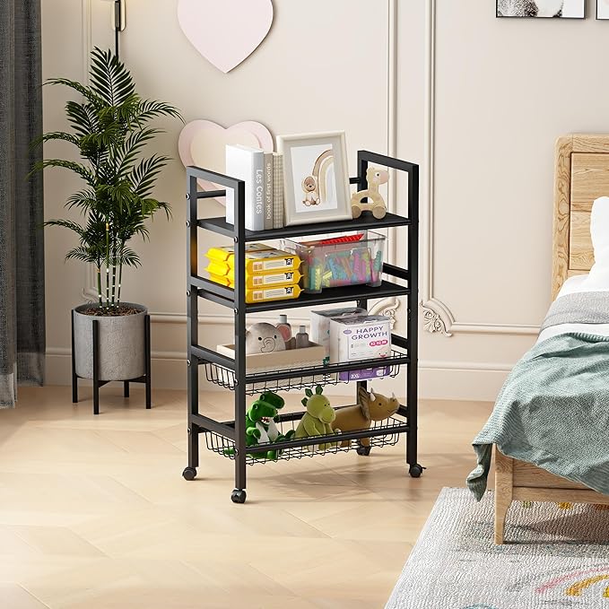 Four-Tier Metal Rolling Rack, Removable Metal Sheets, Grid Baskets with Wheels, Kitchen Storage Cart, Shelf for Pantry, Bathroom, Kitchen, Office, Garage, Black (Large)