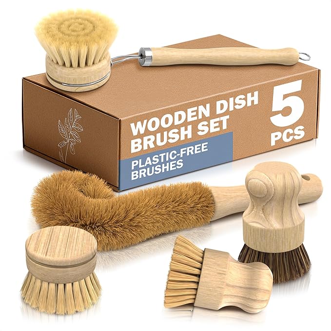 5 Pcs Bamboo Dish Brush Set – Wooden Dish Brush with Ergonomic Handle for Scrubbing Pots and Pans – Durable, Scratch-Free Bristles for Effective Dishwashing & Easy Grip for Comfortable Use