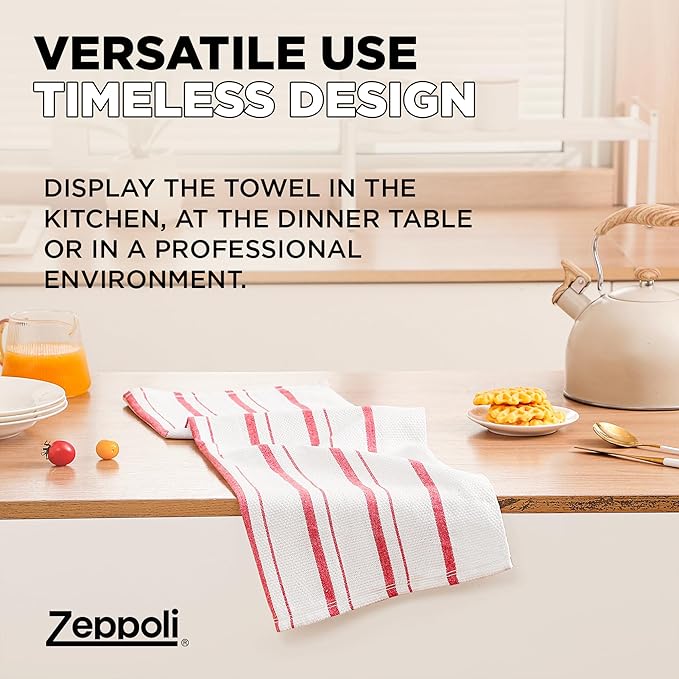 Zeppoli Classic Kitchen Towels - 6 Pack 100% Natural Cotton Towel Set, Reusable Wash Cloths, Absorbent Dish Towels, Machine Washable Hand Towels, Kitchen Essentials, 20� x 28� - Red VAR