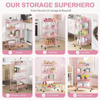 TOOLF 4 Tier Rolling Utility Cart - Durable Metal Design Pink Utility Cart, Storage Trolley on Wheels with 3 Hooks, Perfect for Kitchen, Bathroom & Laundry Room Organization