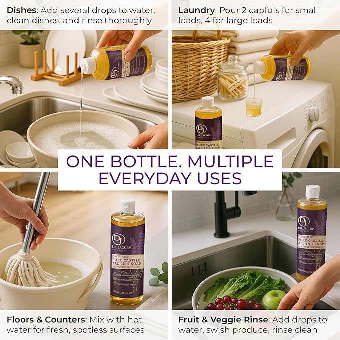Dr. Jacobs Naturals Lavender Castile All-in-One Cleaner and Soap - Plant-Based Formula for House Cleaning Floors and Appliances - Gentle on Skin and the Planet - 32 oz, 2 Pack