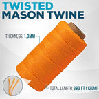 Orange Mason Line String – 393ft, 1.3mm Thick Twisted Polypropylene – Durable Construction Twine for Laying Bricks, Blocks, Fences in Gardening, DIY & Landscaping Projects