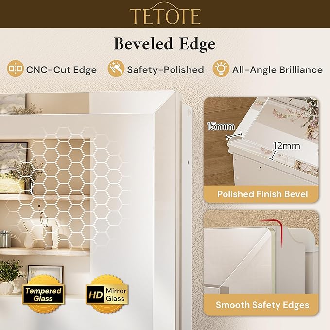 TETOTE 15 x 26 Mirrored Medicine Cabinets for Bathroom with Tempered Beveled Mirror White Medicine Cabinet Aluminum Cabinet DTC Hinges, Stepless Adjustable Shelves, Recessed/Surface-Mounted